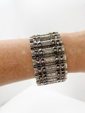 Vargas Victorian Style Pierced Repoussé Silver Clamper Bracelet Cuff Vintage